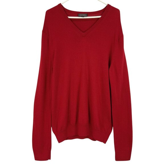 Express Red Long Sleeve V-Neck Pullover Merino Wool Knit Sweater Size XL - Picture 1 of 5